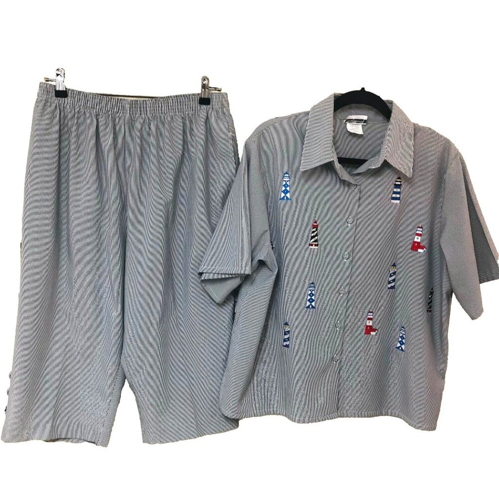 Lighthouse Capri Pants Set Women LP Seersucker Crops Capris Embroidered Gray